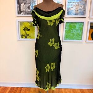 🖤 Y2K Lime Green Black Floral Sheer Maxi Dress